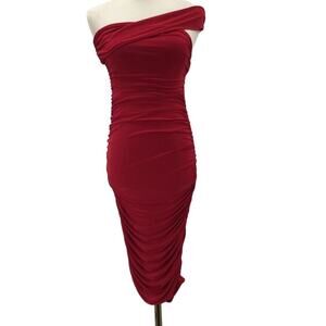 TRESSER Sz S Red Ruched Bodycon One Shoulder Cocktail Party Midi Dress NWT b79